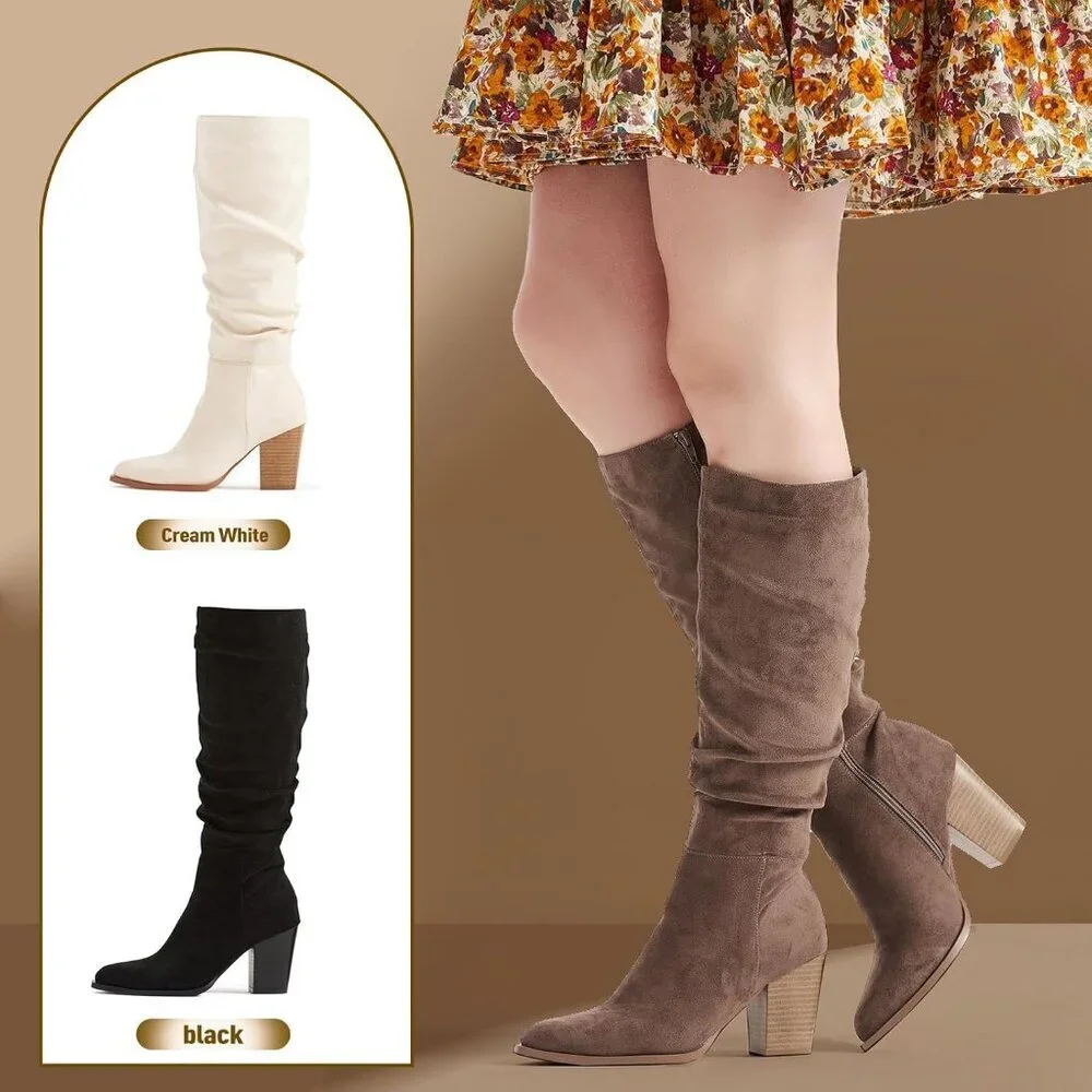 Women's Khaki Pointed Toe Faux Suede Slouch Chunky Heel Knee High Boots